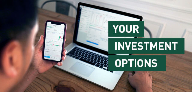 Your investment options with a man looking at investment optoions on mobile and laptop