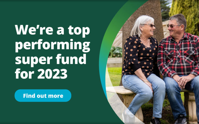First Super is a top performing super fund for 22/23. Background image: First Super members smiling at each other