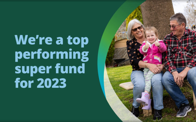 First Super is a top performing super fund for 2023. Couple and grandchild with her thumbs up.
