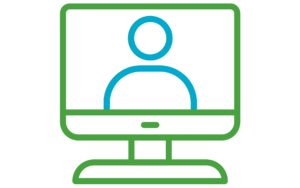 Online video icon depicting a green outline of a computer and blue outline of a person within the computer