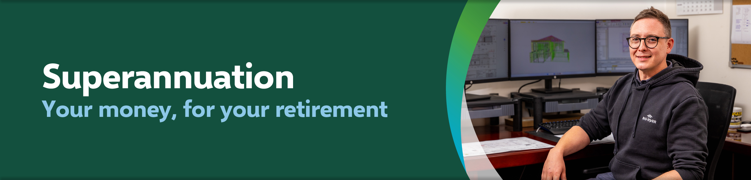 Superannuation - Your money, for your retirement. Smiling First Super member sitting at work desk